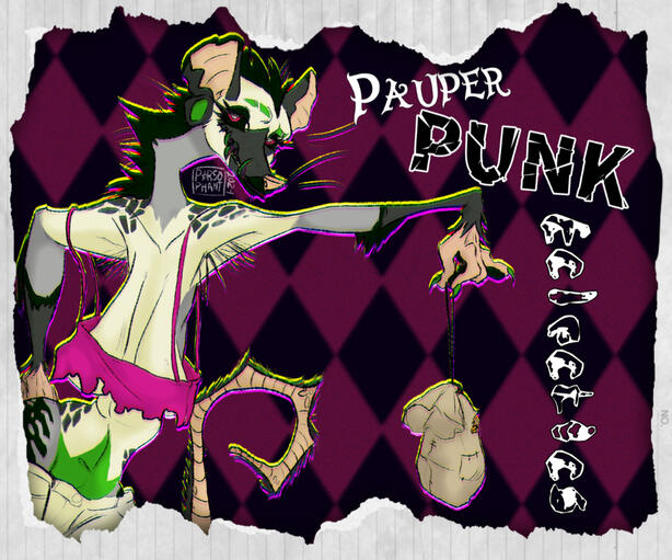 A white hyena and opossum hybrid, with grey spots, dark grey accents, and spikey alt makeup. Pauper Punk Eclectics typography on the left. The background is a purple and black diamond pattern.